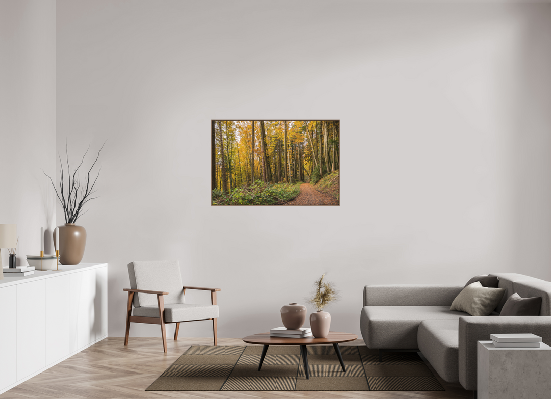120 x 80 cm, Wood Floater-Framed Fuji Print on Alu-Dibond Autumn Pathway