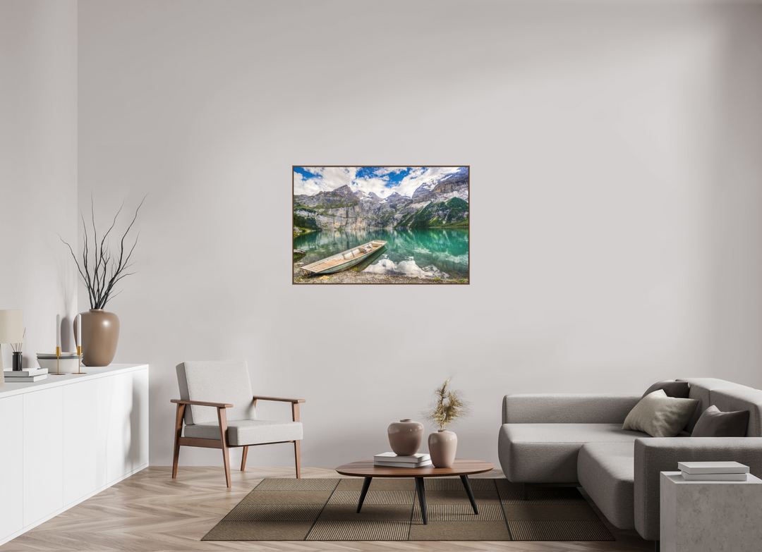120 x 80 cm, Wood Floater-Framed Fuji Print on Alu-Dibond Serenity at Lake Oeschinen