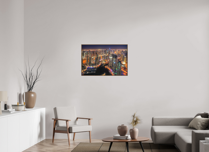 90 x 60 cm, Wood Floater-Framed Fuji Print on Alu-Dibond Urban Glow - Dubai Marina at Night