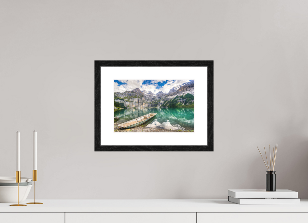 30 x 20 cm, Wood Framed Baryta Print with Passe-Partout Serenity at Lake Oeschinen