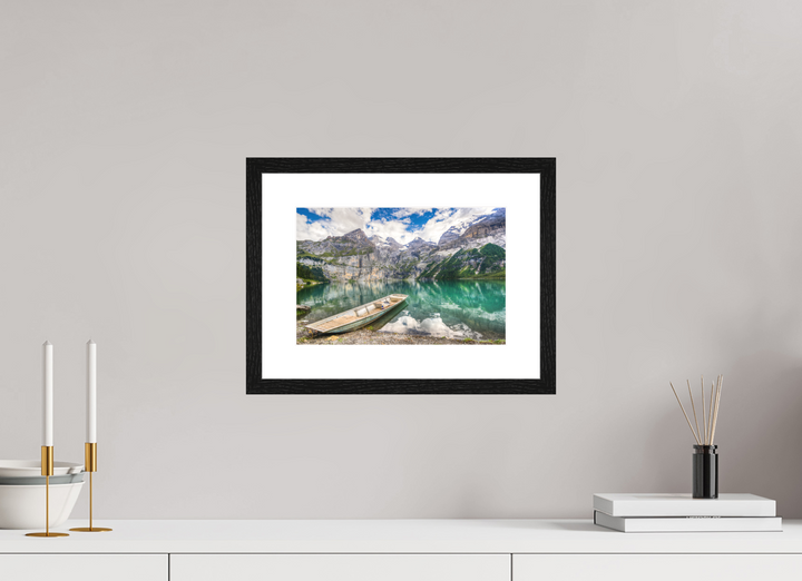 30 x 20 cm, Wood Framed Baryta Print with Passe-Partout Serenity at Lake Oeschinen