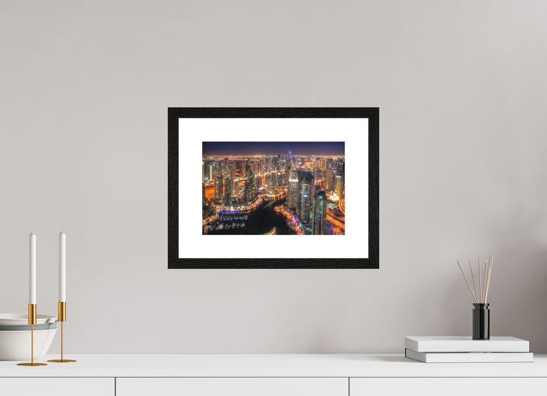 30 x 20 cm, Wood Framed Baryta Print with Passe-Partout Urban Glow - Dubai Marina at Night