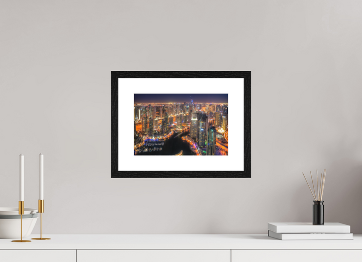 30 x 20 cm, Wood Framed Baryta Print with Passe-Partout Urban Glow - Dubai Marina at Night