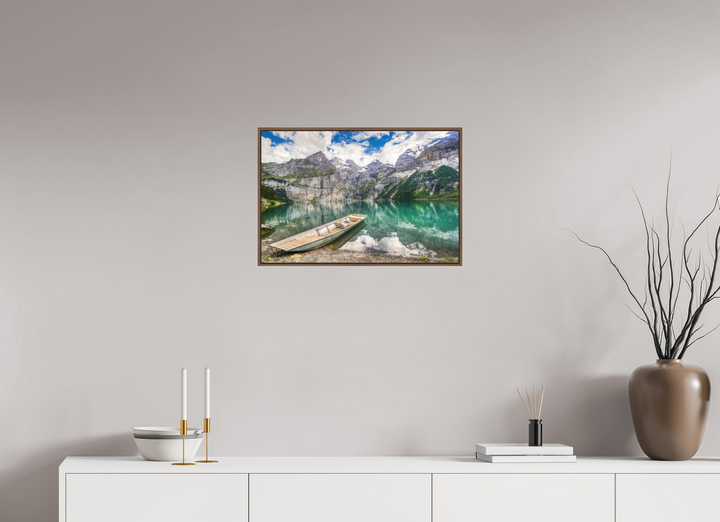 60 x 40 cm, Wood Floater-Framed Fuji Print on Alu-Dibond Serenity at Lake Oeschinen