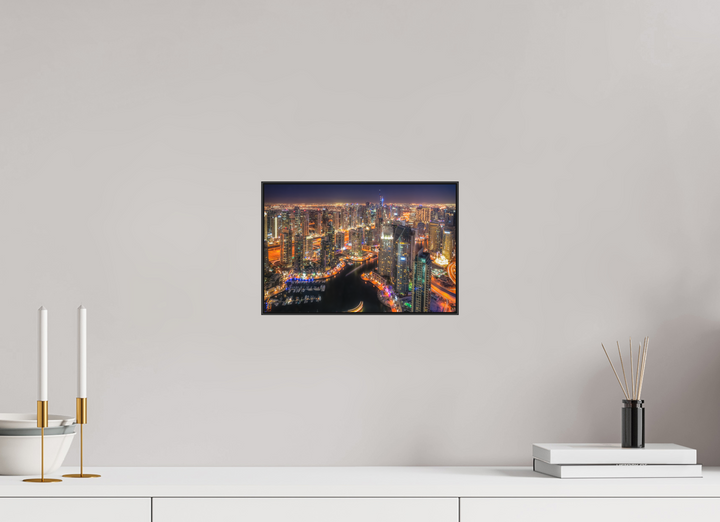 30 x 20 cm, Aluminum Floater-Framed Fuji Print on Alu-Dibond Urban Glow - Dubai Marina at Night