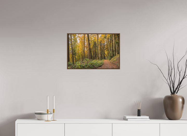 60 x 40 cm, Wood Floater-Framed Fuji Print on Alu-Dibond Autumn Pathway