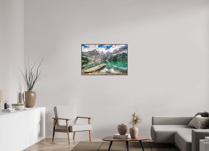 90 x 60 cm, Wood Floater-Framed Fuji Print on Alu-Dibond Serenity at Lake Oeschinen