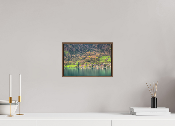 30 x 20 cm, Wood Floater-Framed Fuji Print on Alu-Dibond Spring by Lake Brienz