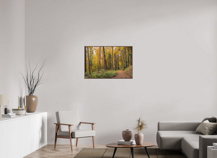 90 x 60 cm, Wood Floater-Framed Fuji Print on Alu-Dibond Autumn Pathway