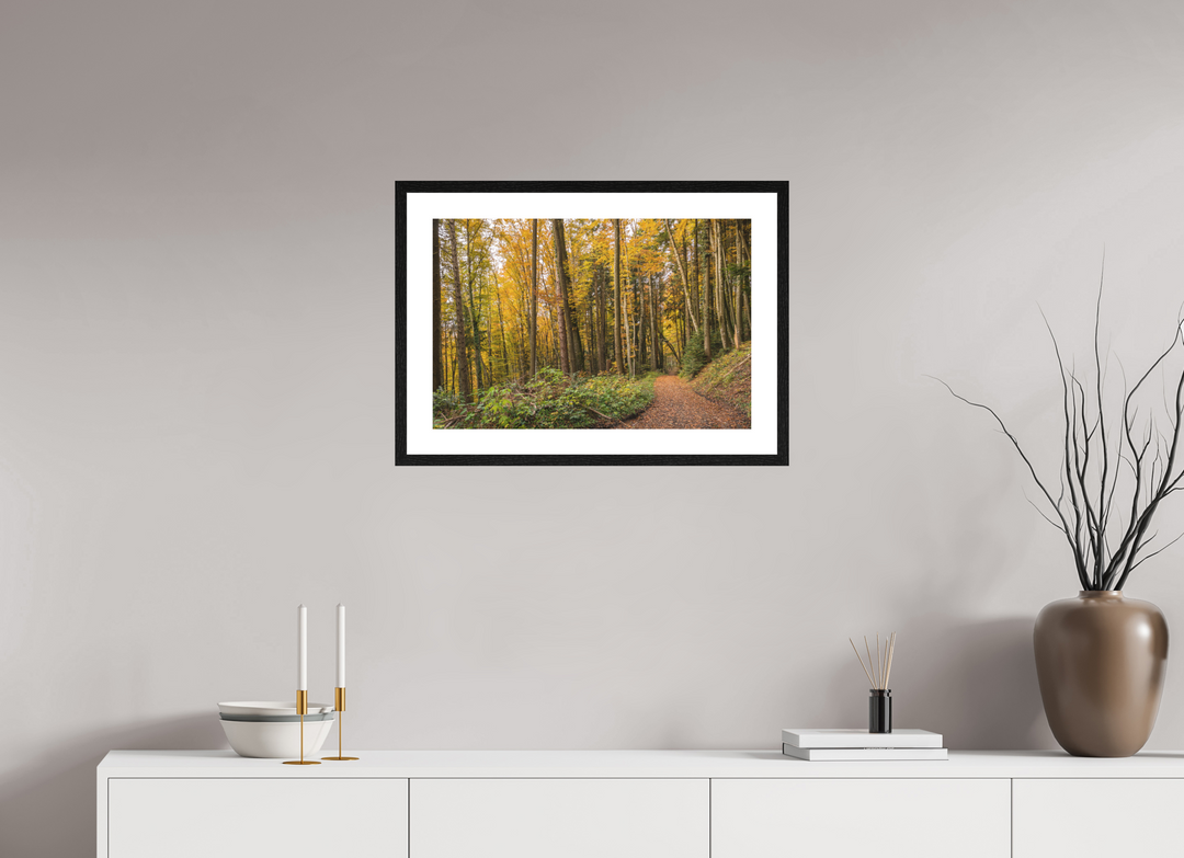 60 x 40 cm, Wood Framed Baryta Print with Passe-Partout Autumn Pathway