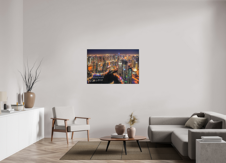 120 x 80 cm, Aluminum Floater-Framed Fuji Print on Alu-Dibond Urban Glow - Dubai Marina at Night