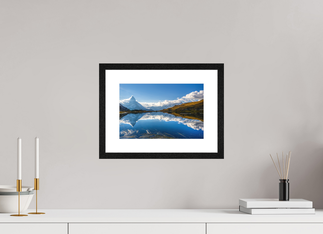 30 x 20 cm, Wood Framed Baryta Print with Passe-Partout Matterhorn's Mirror Image