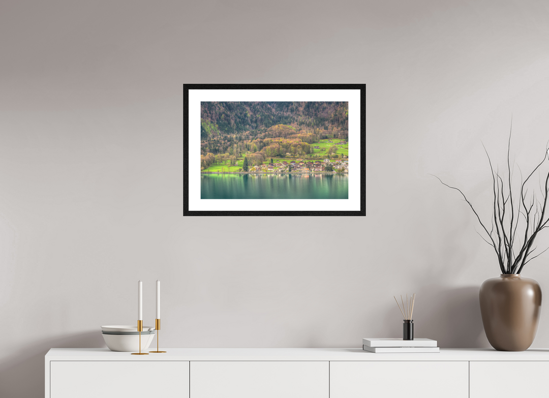 60 x 40 cm, Wood Framed Baryta Print with Passe-Partout Spring by Lake Brienz
