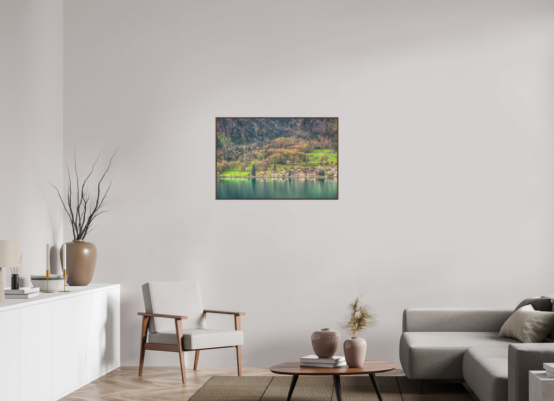 90 x 60 cm, Wood Floater-Framed Fuji Print on Alu-Dibond Spring by Lake Brienz