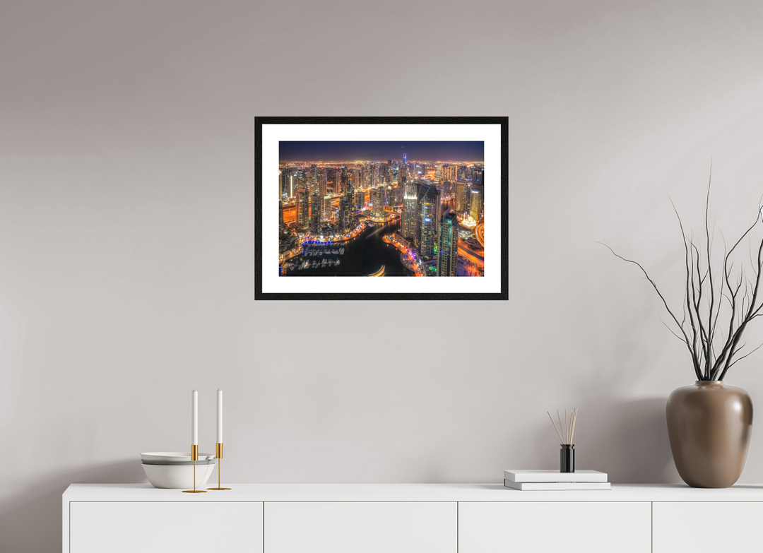 60 x 40 cm, Wood Framed Baryta Print with Passe-Partout Urban Glow - Dubai Marina at Night