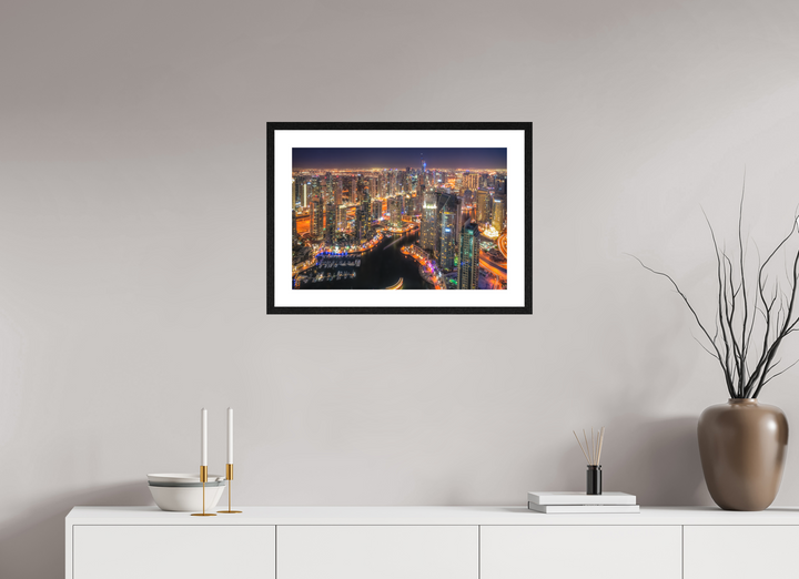 60 x 40 cm, Wood Framed Baryta Print with Passe-Partout Urban Glow - Dubai Marina at Night