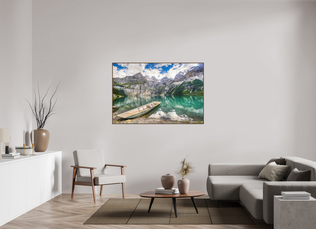 150 x 100 cm, Wood Floater-Framed Fuji Print on Alu-Dibond Serenity at Lake Oeschinen