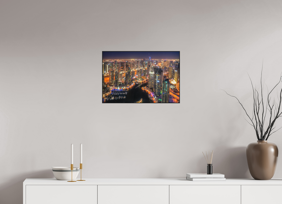 60 x 40 cm, Aluminum Floater-Framed Fuji Print on Alu-Dibond Urban Glow - Dubai Marina at Night