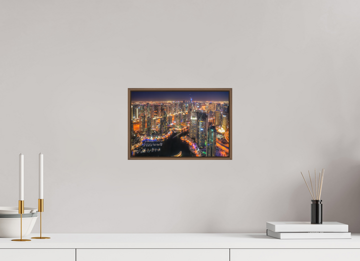 30 x 20 cm, Wood Floater-Framed Fuji Print on Alu-Dibond Urban Glow - Dubai Marina at Night