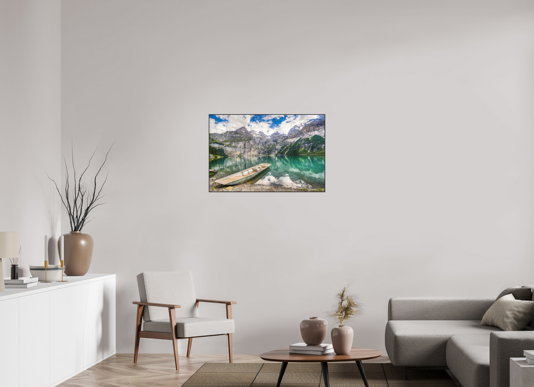 90 x 60 cm, Aluminum Floater-Framed Fuji Print on Alu-Dibond Serenity at Lake Oeschinen
