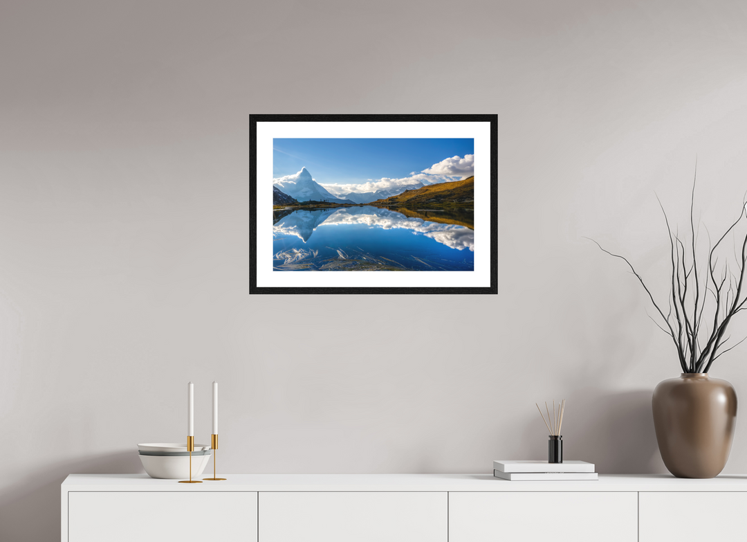 60 x 40 cm, Wood Framed Baryta Print with Passe-Partout Matterhorn's Mirror Image