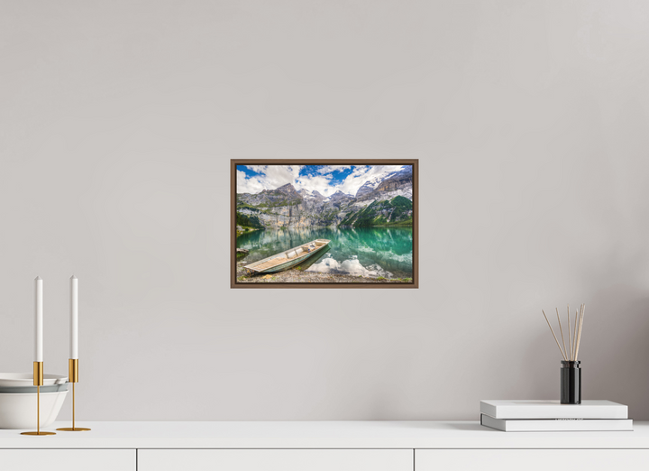 30 x 20 cm, Wood Floater-Framed Fuji Print on Alu-Dibond Serenity at Lake Oeschinen