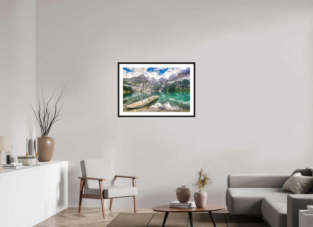 90 x 60 cm, Wood Framed Baryta Print with Passe-Partout Serenity at Lake Oeschinen