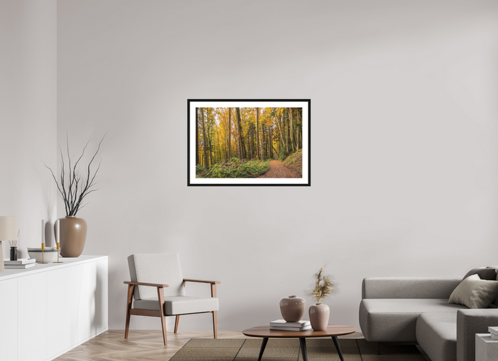 90 x 60 cm, Wood Framed Baryta Print with Passe-Partout Autumn Pathway