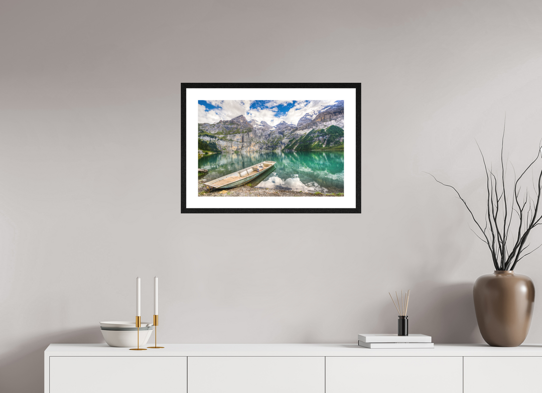 60 x 40 cm, Wood Framed Baryta Print with Passe-Partout Serenity at Lake Oeschinen